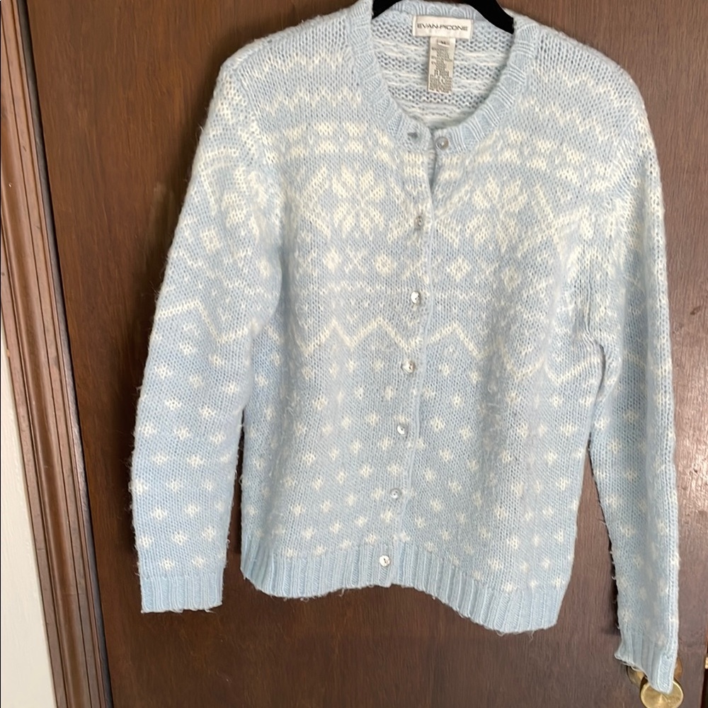 Evan Picone Blue and White Cardigan Sweater Nordic Design